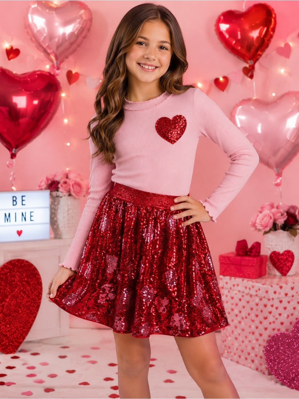Cat & Jack Pink Top with Red Sequin Heart & Red Sequin Skirt